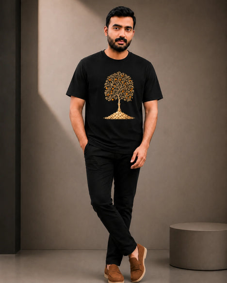A man wearing a black short-sleeve t-shirt with a gold tree graphic on the front, paired with black pants and brown slip-on shoes, standing in a studio setting.