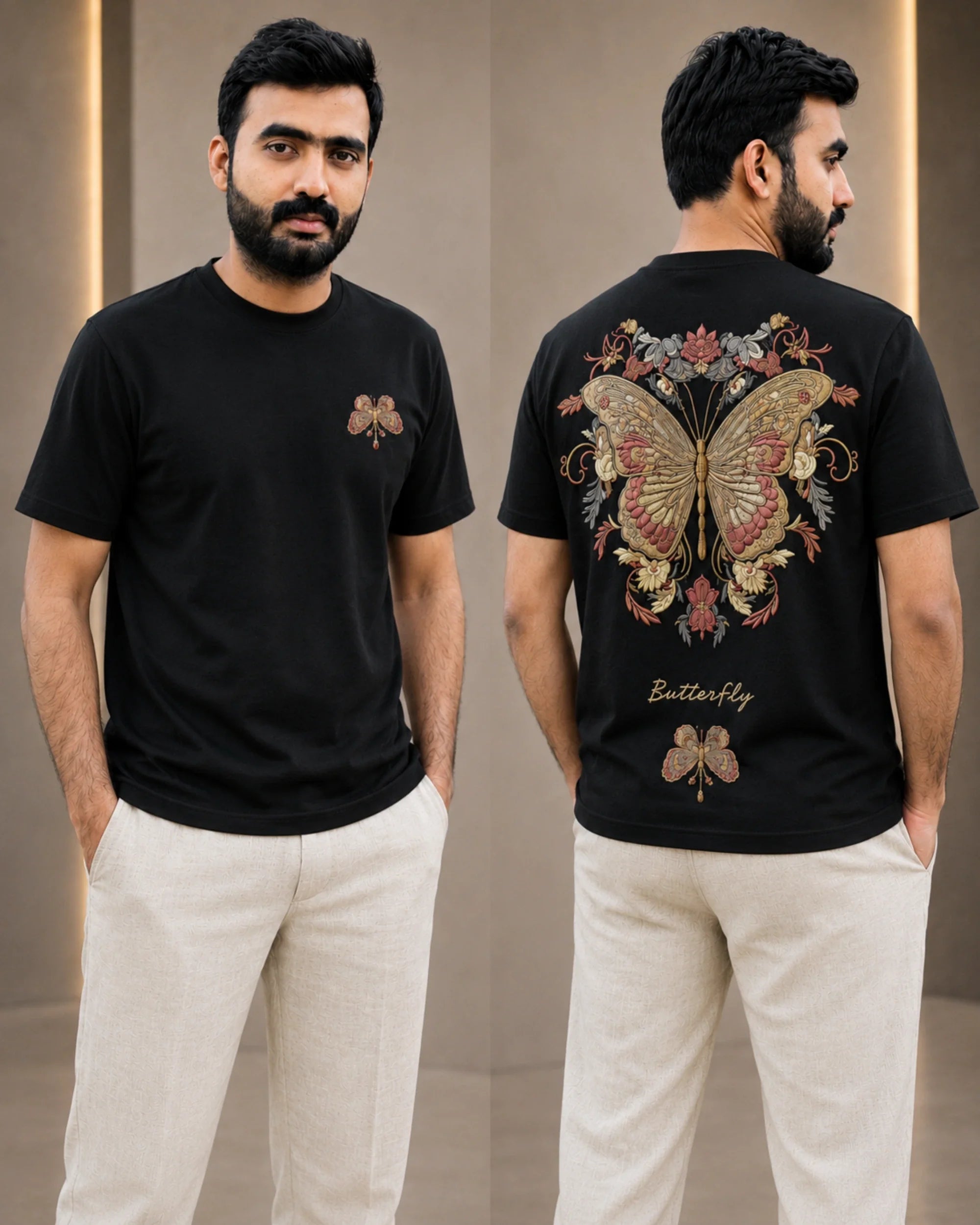 A man modeling a black short-sleeve T-shirt shown from the front and back. The front has a small butterfly graphic on the left chest, and the back features a large colorful butterfly design with floral details and the words 'Butterfly' near the hem.