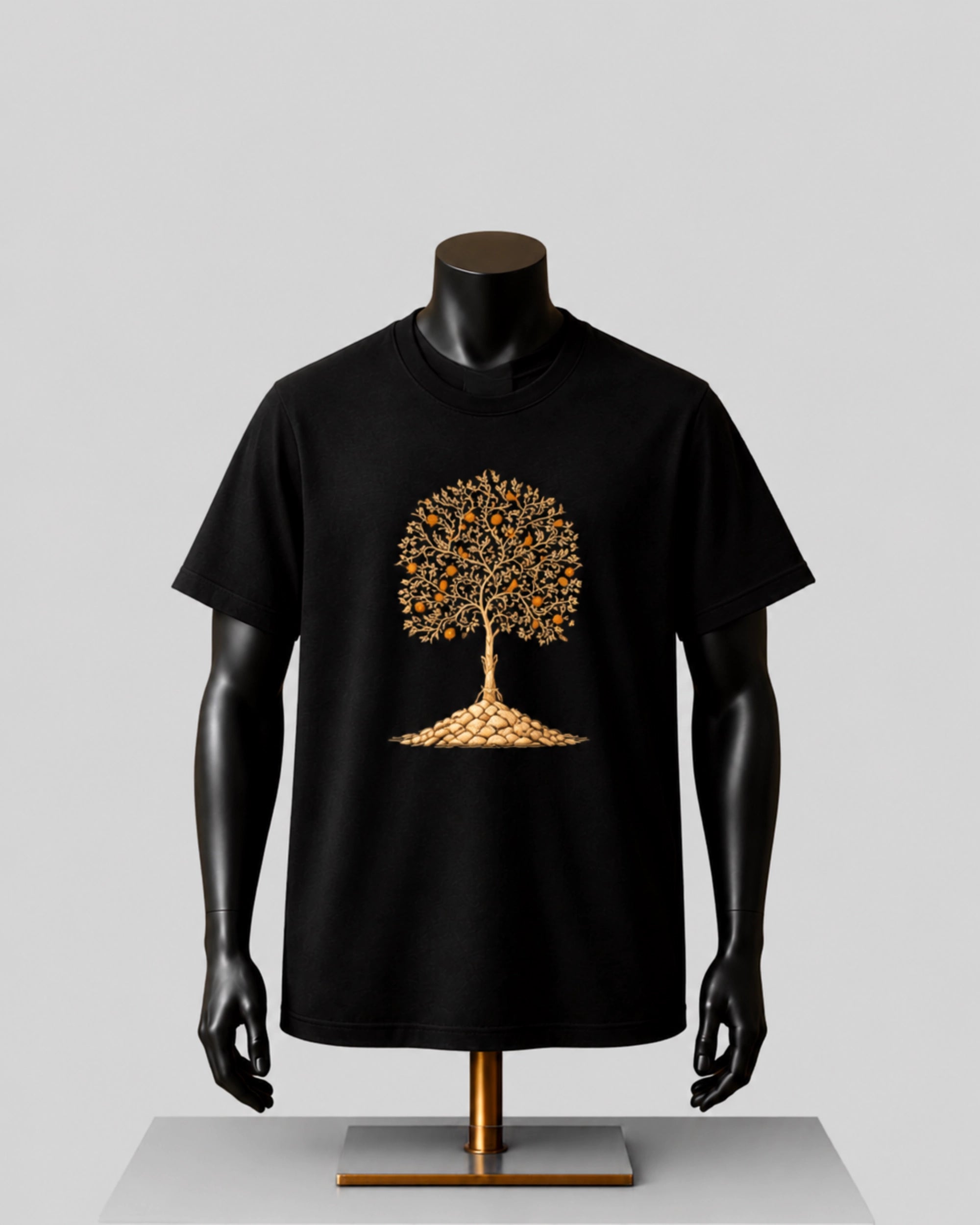 A black short-sleeve t-shirt displayed on a black mannequin torso with a metallic gold tree graphic on the chest, set against a neutral gray background.