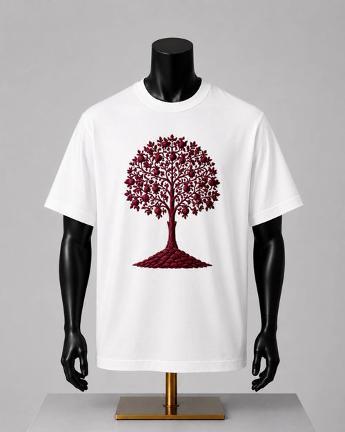 A white short-sleeve crewneck t-shirt displayed on a black mannequin torso with a gold stand, featuring a graphic of a tree made of red maple leaves and trunk.