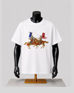 A white short-sleeve T-shirt displayed on a black mannequin torso with a colorful graphic of two armored riders on horseback in the center, set against a light gray background.