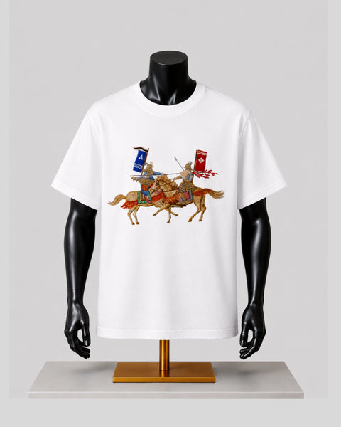 A white short-sleeve T-shirt displayed on a black mannequin torso with a colorful graphic of two armored riders on horseback in the center, set against a light gray background.