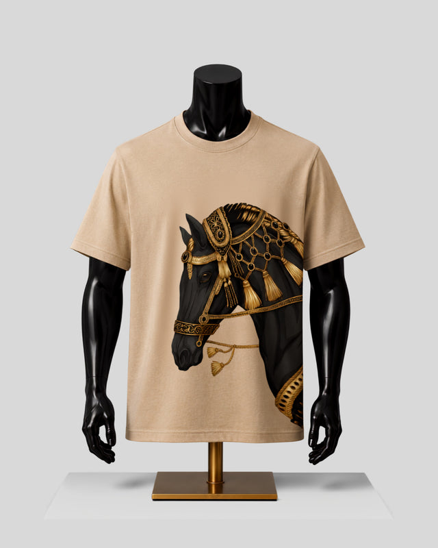 A beige short-sleeve crewneck t-shirt displayed on a black mannequin torso. The shirt features a large graphic print of a black horse wearing ornate gold and brown decorative armor or a crown on its head.