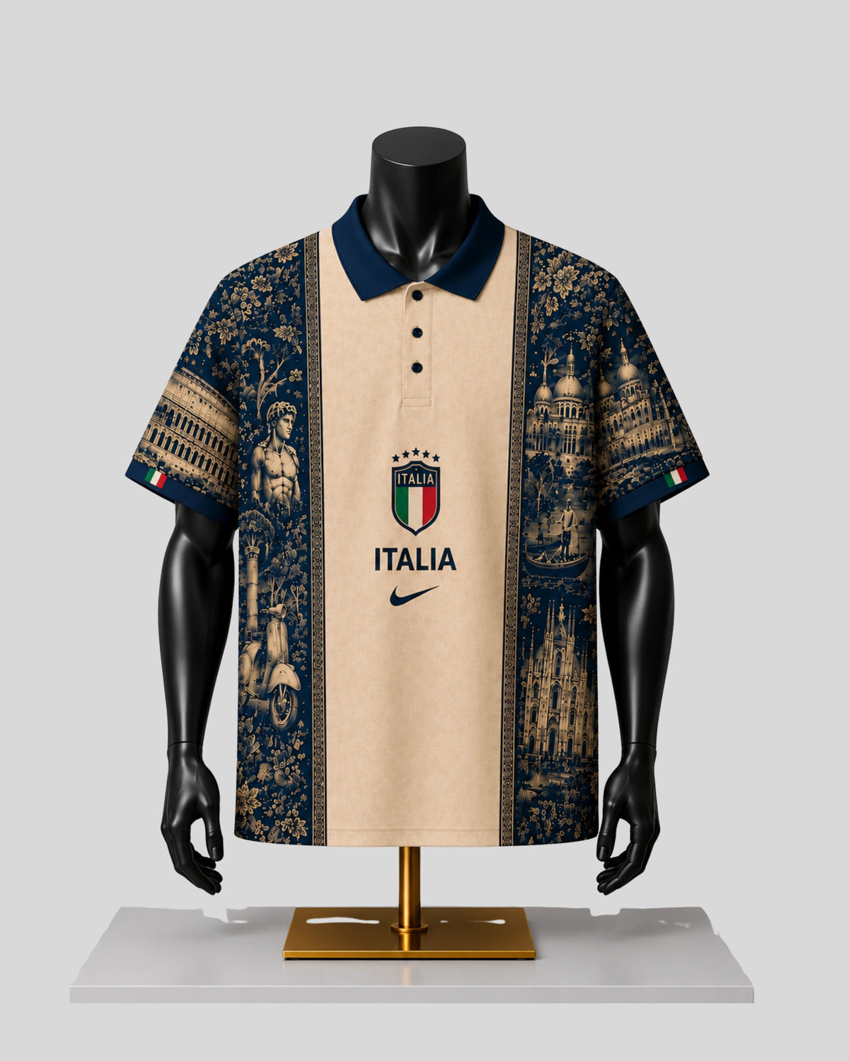 A short-sleeve polo shirt displayed on a black mannequin torso with a gold stand against a light gray background. The shirt has a beige center panel with the Italian crest and the word 'ITALIA' above a Nike swoosh, flanked by dark navy blue panels featuring architectural and historical illustrations.