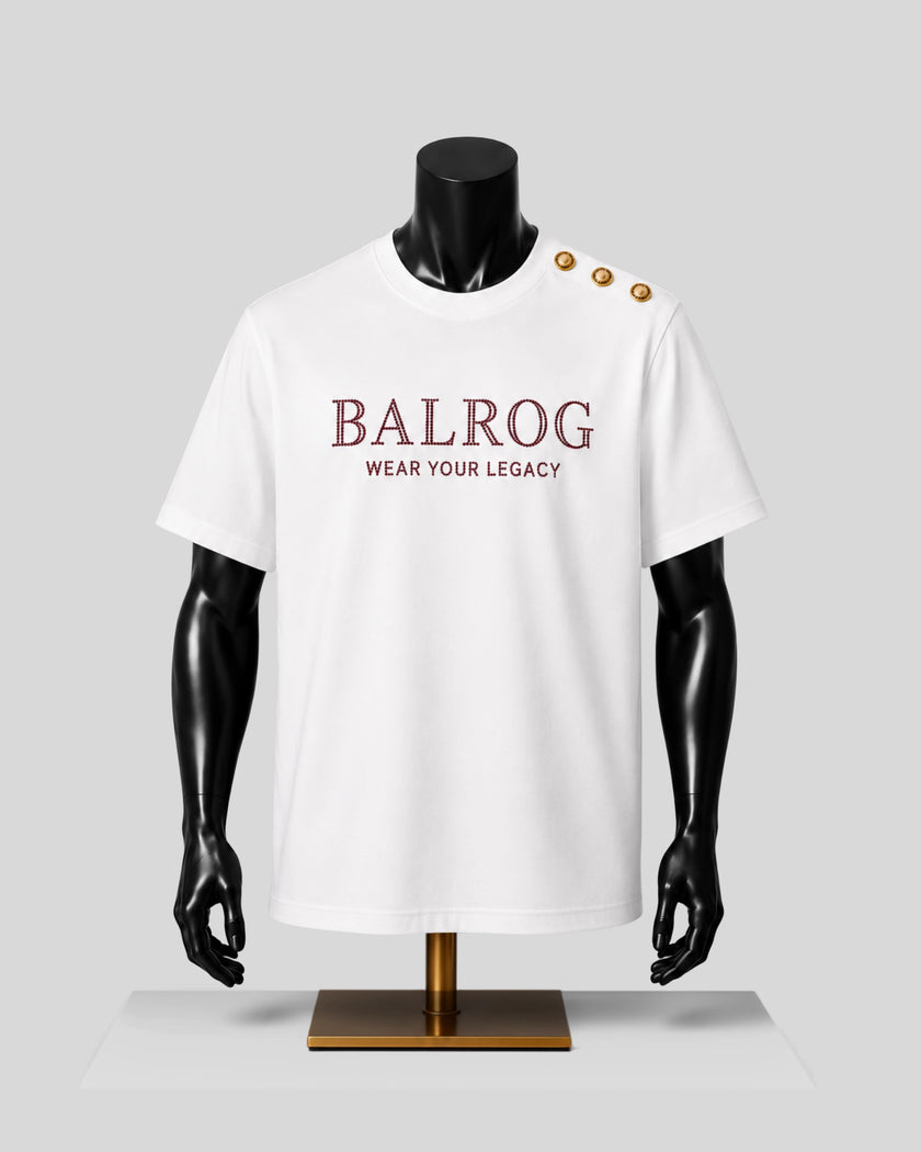 A white short-sleeve T-shirt displayed on a black mannequin torso with gold buttons on the shoulder. The front has the text 'BALROG' in burgundy with 'WEAR YOUR LEGACY' underneath.