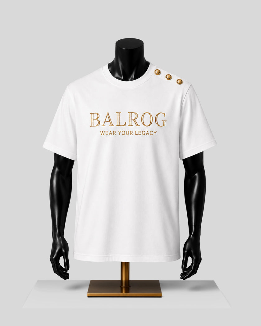 White short-sleeve T-shirt displayed on a black mannequin torso with gold text reading 'BALROG WEAR YOUR LEGACY' and three gold buttons near the right shoulder, set against a light gray background.