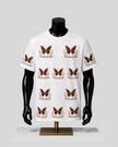 A white short-sleeve crewneck t-shirt displayed on a black mannequin torso. The shirt features a repeating pattern of brown butterflies with gold floral borders.