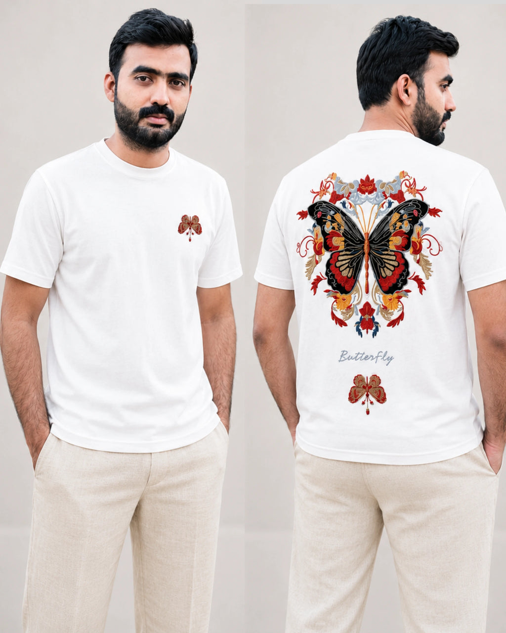 A man modeling a white short-sleeve T-shirt shown from the front and back. The front has a small butterfly graphic on the left chest, and the back features a large colorful butterfly design with floral elements and the text 'Butterfly Play'.