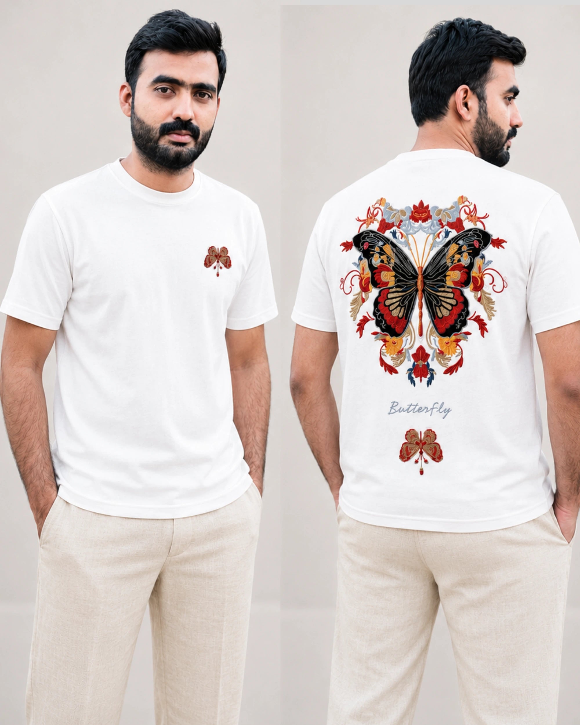 A man modeling a white short-sleeve T-shirt shown from the front and back. The front has a small butterfly graphic on the left chest, and the back features a large colorful butterfly design with floral elements and the text 'Butterfly Play'.