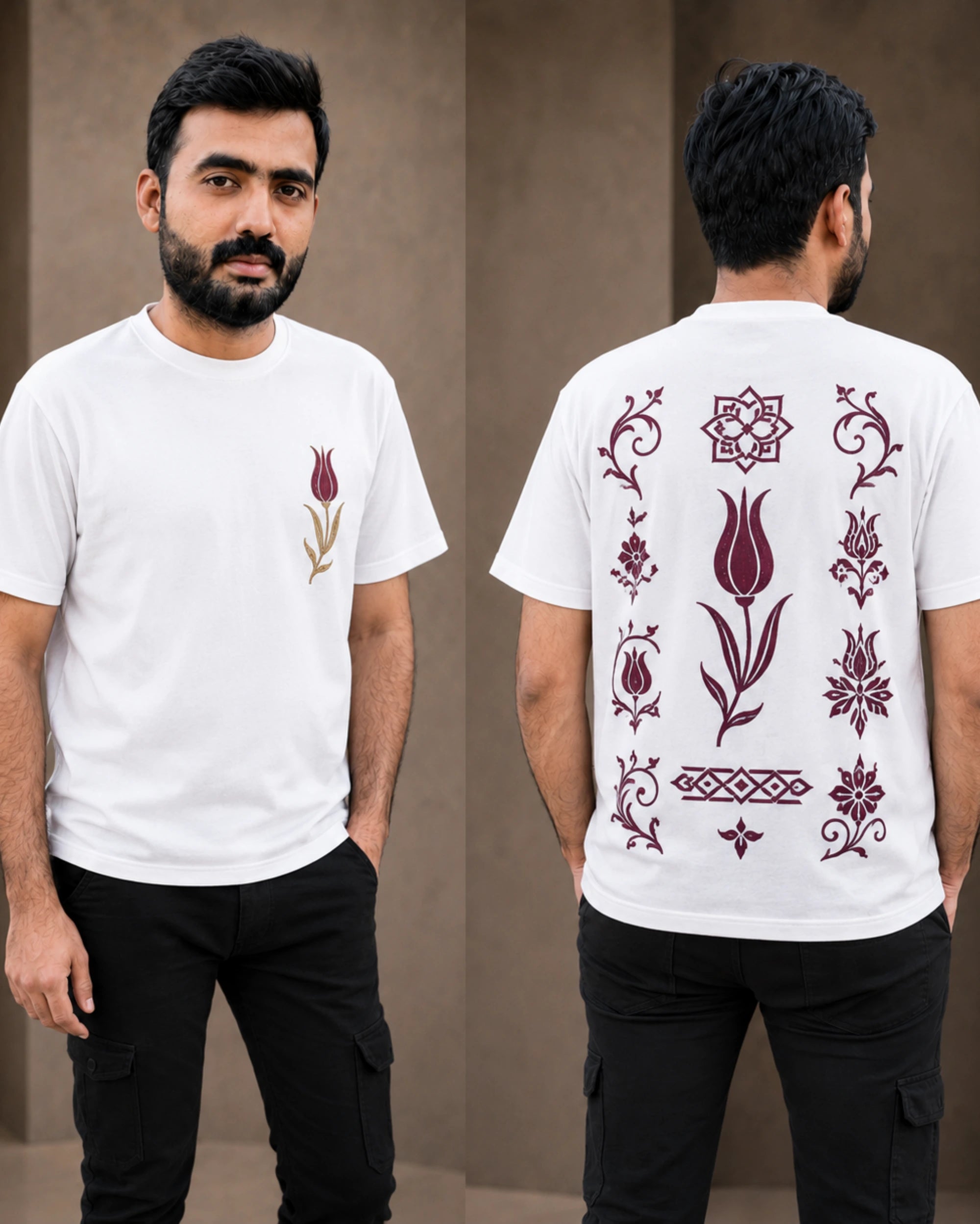 A man modeling a white short-sleeve t-shirt with a small tulip graphic on the front and a large set of traditional floral and geometric patterns on the back, shown in front and back views against a neutral brown background.