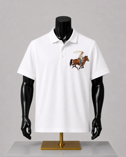 A white short-sleeve polo shirt displayed on a black mannequin torso with a gold stand, featuring a small embroidered cowboy on horseback graphic on the left chest.