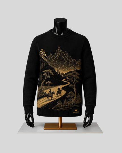 Black premium fleece sweatshirt featuring a detailed golden mountain landscape with horseback riders and winding trails on the front.