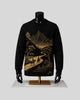 Black premium fleece sweatshirt featuring a detailed golden mountain landscape with horseback riders and winding trails on the front.
