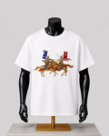 White premium cotton T-shirt featuring a heritage-inspired mounted warrior graphic on the front.