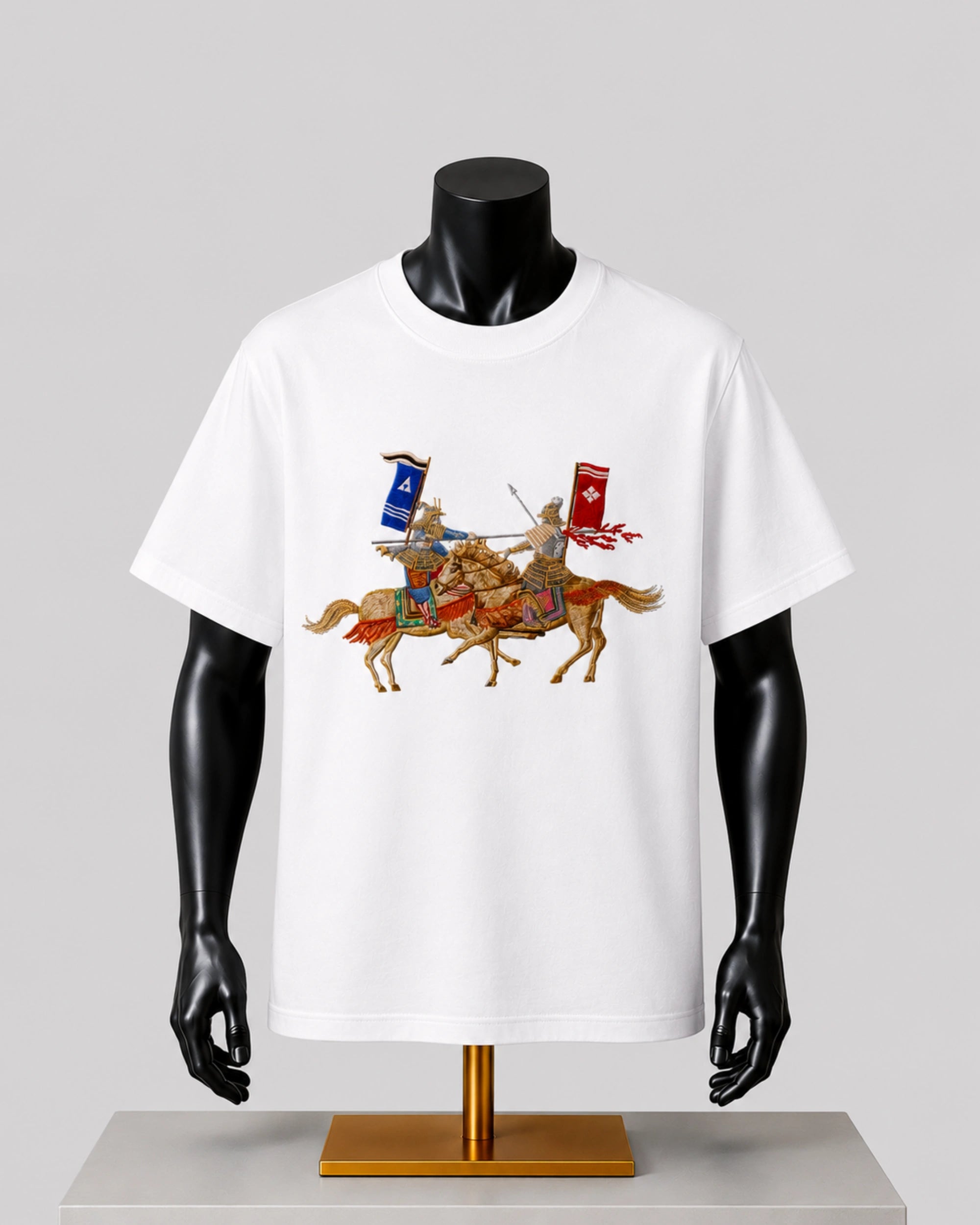 White premium cotton T-shirt featuring a heritage-inspired mounted warrior graphic on the front.