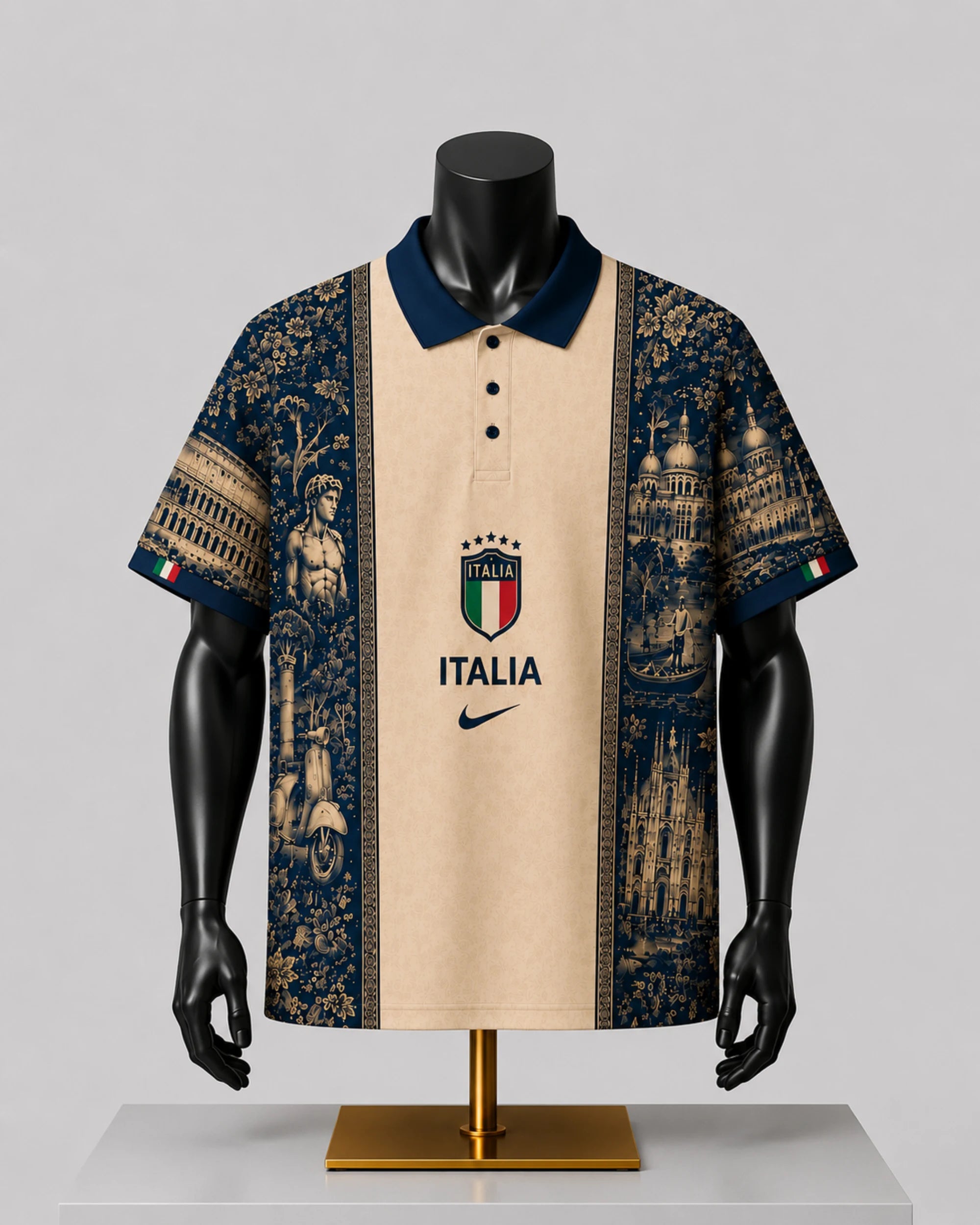 A short-sleeve polo shirt displayed on a black mannequin torso and stand against a light gray studio background. The shirt has a cream center panel with 'ITALIA' and a Nike swoosh, flanked by dark navy blue and beige scenic architectural tapestries.