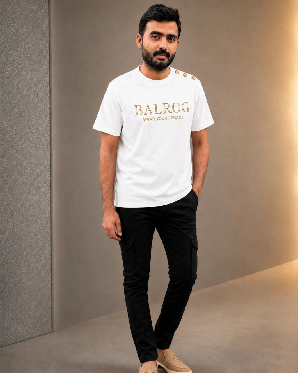 A man wearing a white Balrog short-sleeve t-shirt with gold lettering and decorative gold buttons on the shoulder, paired with black cargo pants and beige slip-on shoes, standing in a studio setting.