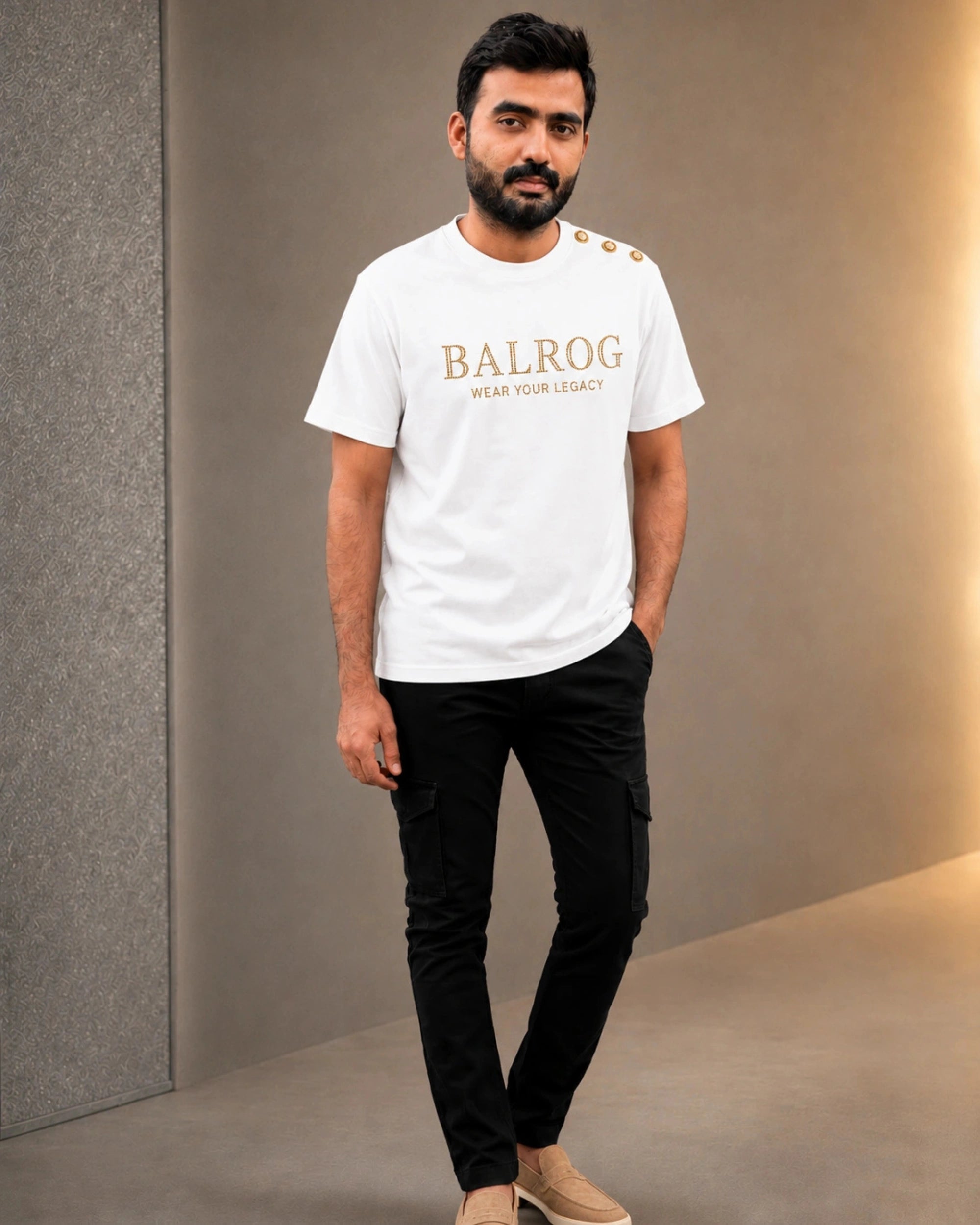 A man wearing a white Balrog short-sleeve t-shirt with gold lettering and decorative gold buttons on the shoulder, paired with black cargo pants and beige slip-on shoes, standing in a studio setting.