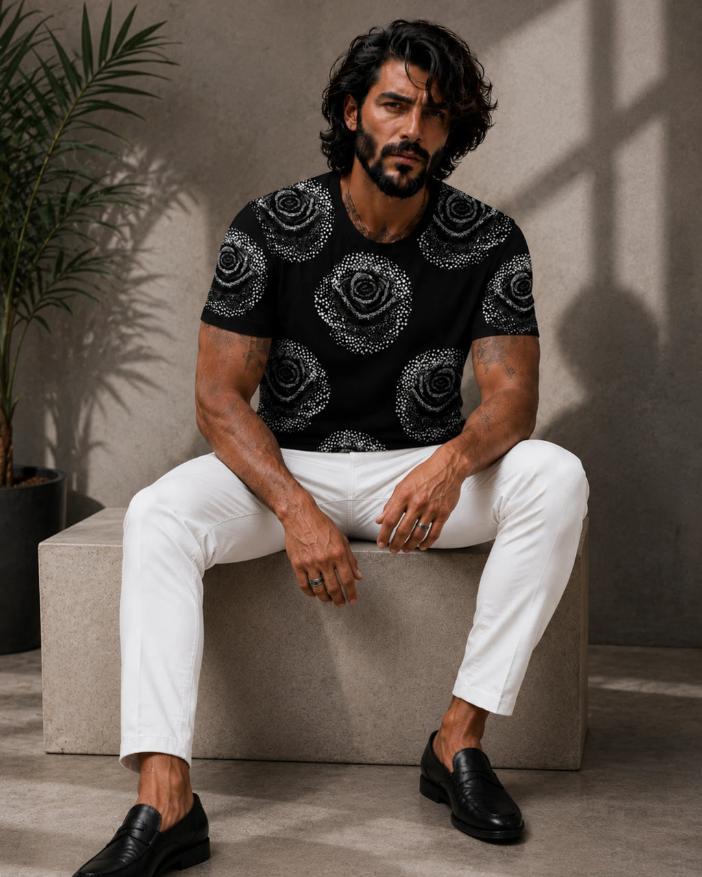 A man wearing a black short-sleeve t-shirt with a white rose pattern, white trousers, and black loafers, sitting on a concrete block in a modern indoor setting.