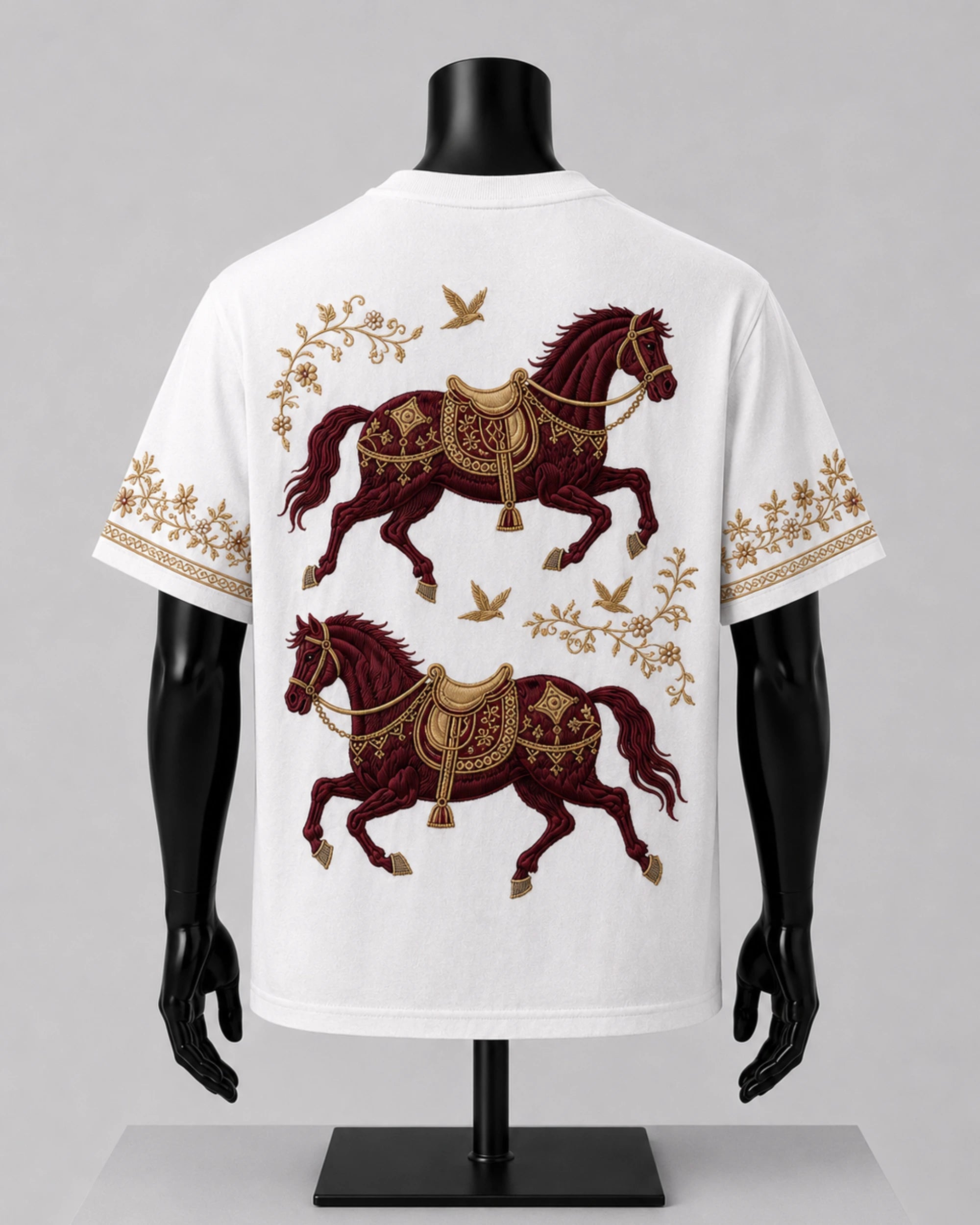 White short-sleeve t-shirt displayed on a black mannequin, showing a back view with two large dark red horses decorated with gold patterns, gold birds, and gold floral borders on the sleeves.