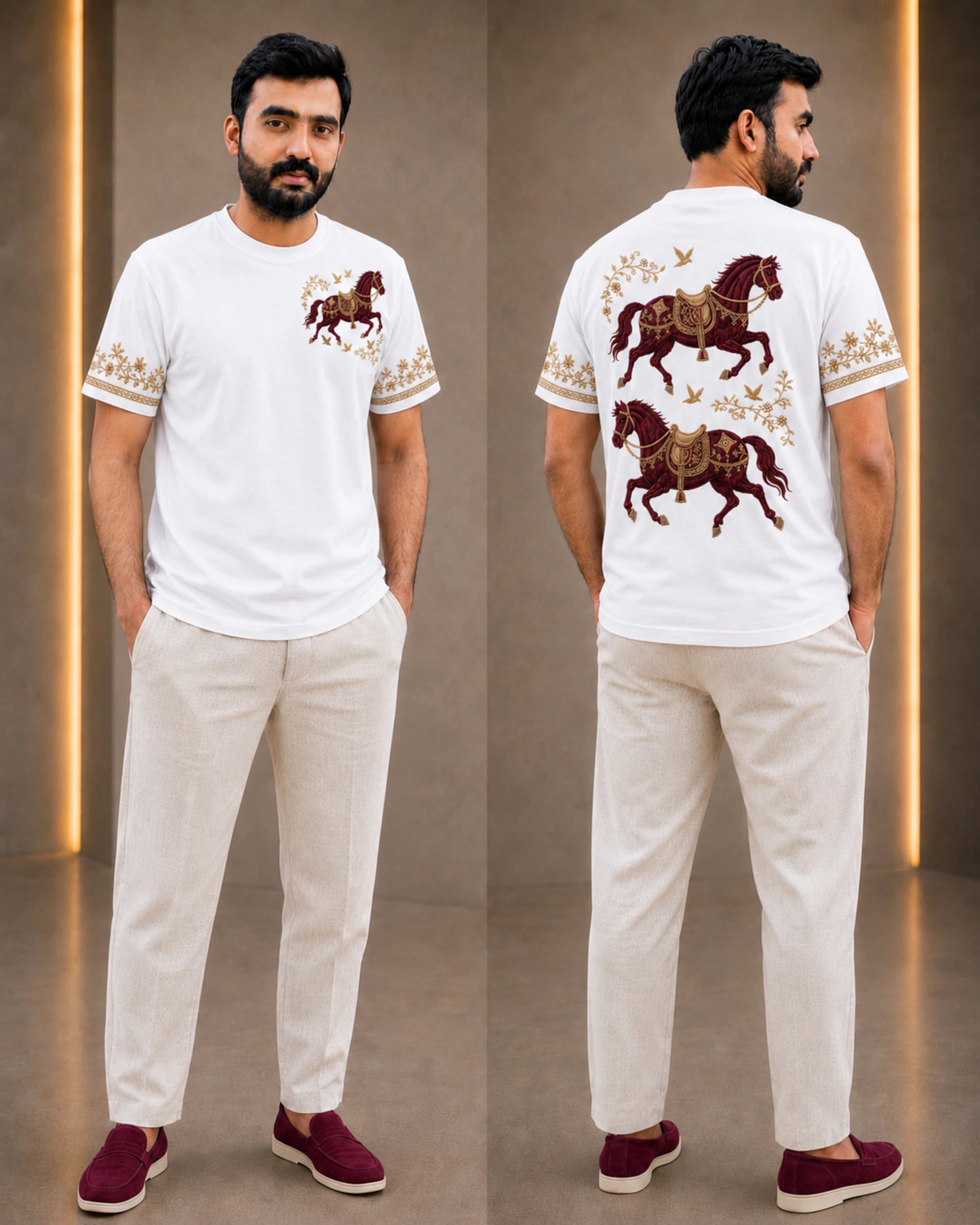 A man modeling a white short-sleeve t-shirt with embroidered horse motifs on the chest and back, paired with off-white trousers and burgundy slip-on shoes, shown from both front and back views.