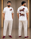 A man modeling a white short-sleeve t-shirt with embroidered horse motifs on the chest and back, paired with off-white trousers and burgundy slip-on shoes, shown from both front and back views.