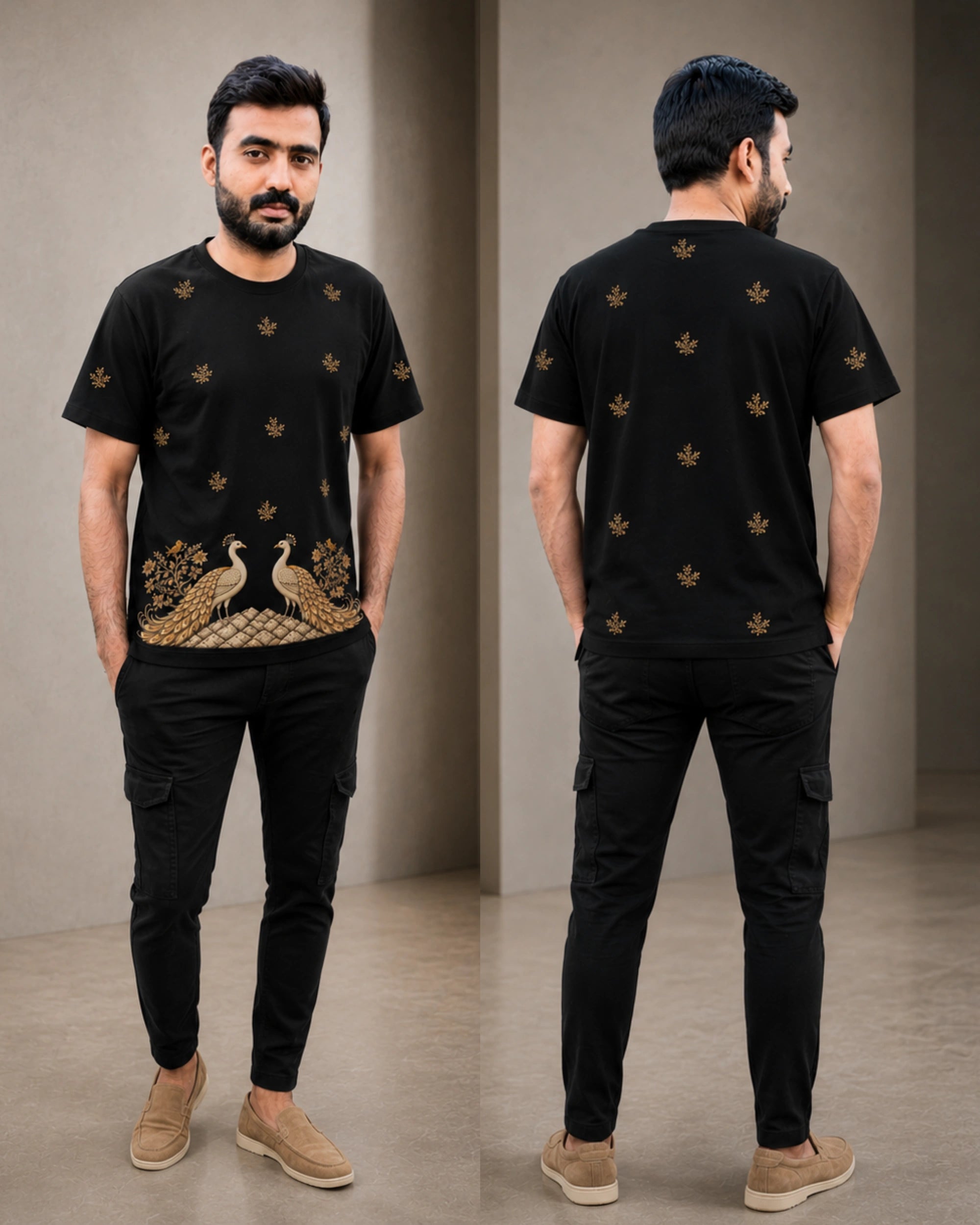 A man modeling a black short-sleeve t-shirt with gold peacock and floral embroidery, shown in front and back views against a neutral indoor backdrop.