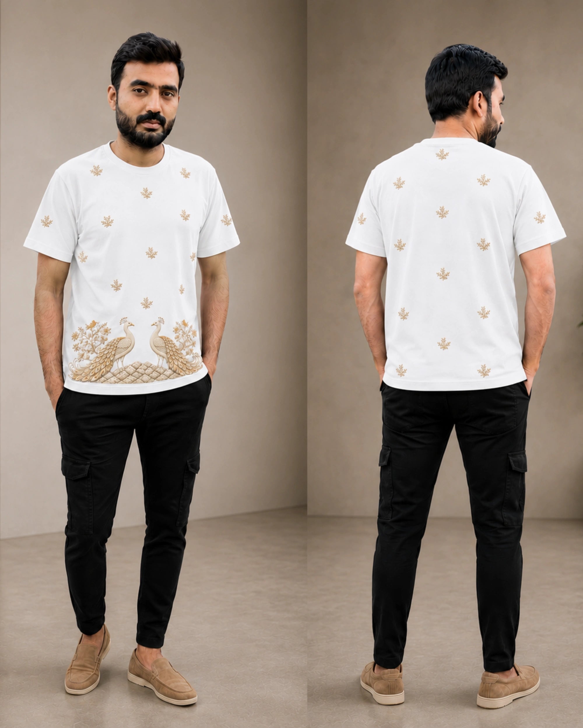 A man modeling a white short-sleeve t-shirt with gold peacock embroidery on the front and small gold motifs on the back, paired with black cargo pants and beige slip-on shoes, shown in front and back views against a neutral studio backdrop.