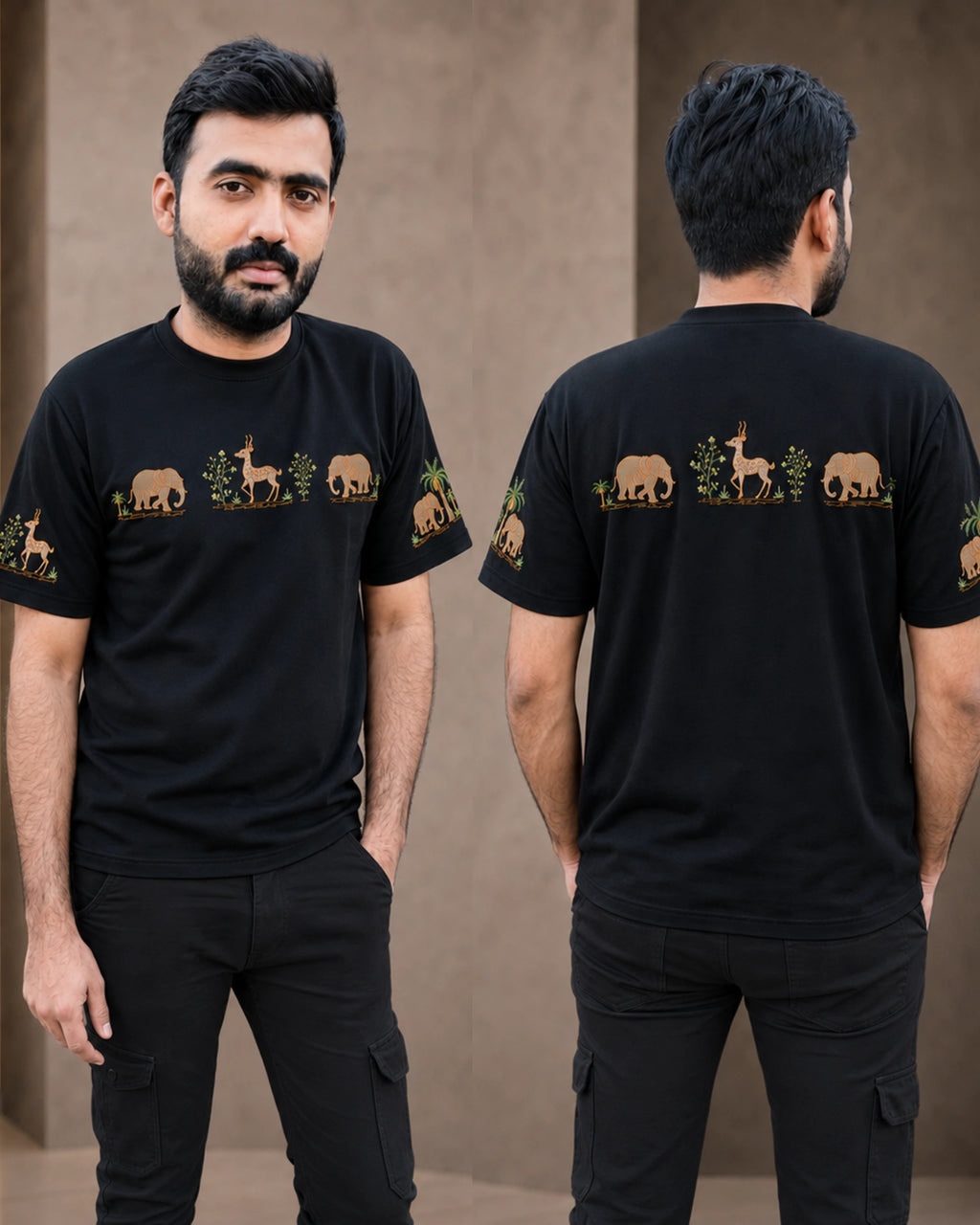 A man modeling a black short-sleeve t-shirt with a horizontal graphic print of safari animals (elephants, giraffes, zebras) and plants in tan and green, shown from both the front and back views against a neutral beige wall.