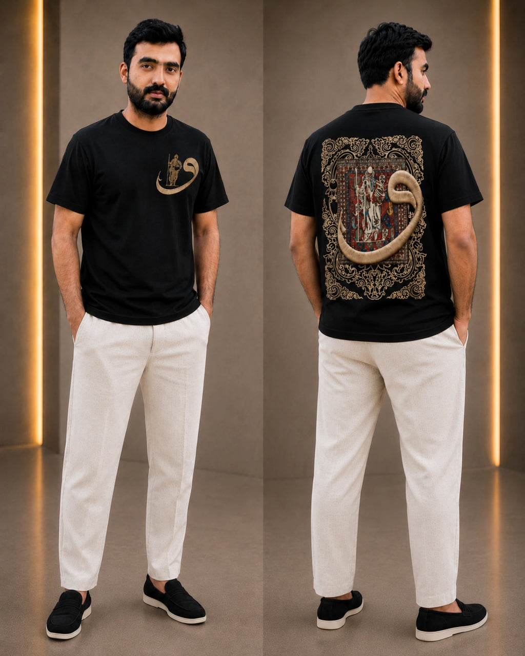 A man modeling a black short-sleeve graphic T-shirt shown from both front and back, paired with off-white trousers and black slip-on shoes in a studio setting with warm vertical light strips.