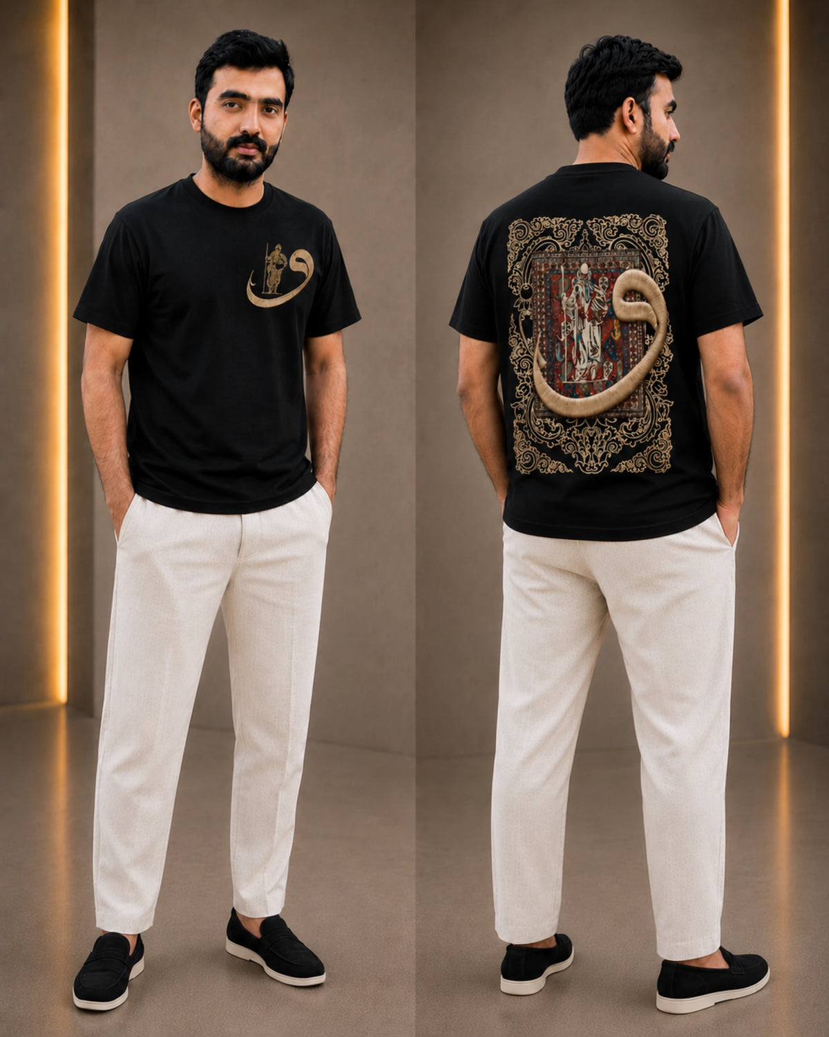 A man modeling a black short-sleeve graphic T-shirt shown from both front and back, paired with off-white trousers and black slip-on shoes in a studio setting with warm vertical light strips.