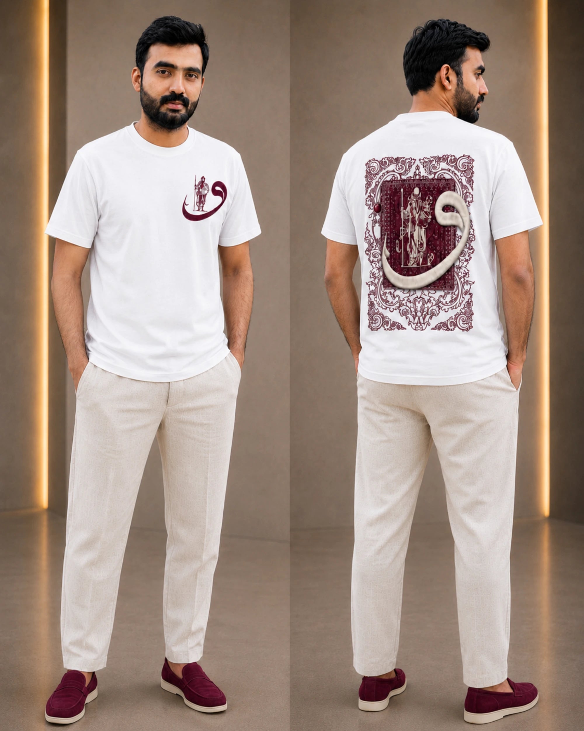 A man modeling a white short-sleeve T-shirt with a maroon crescent and star graphic on the chest, shown from both front and back. He is wearing light beige trousers and maroon slip-on shoes in a modern indoor studio setting with warm vertical light strips.